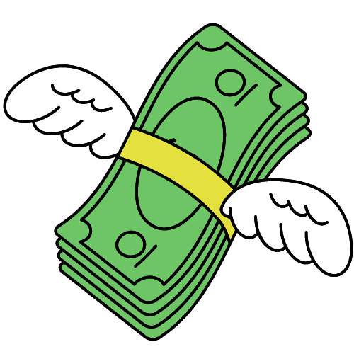 Grünes Geldbündel mit gelbem Band mit Flügeln, das die Ausgaben symbolisiert, die dem Sparen entgegenstehen, um Wohlstand zu erreichen.